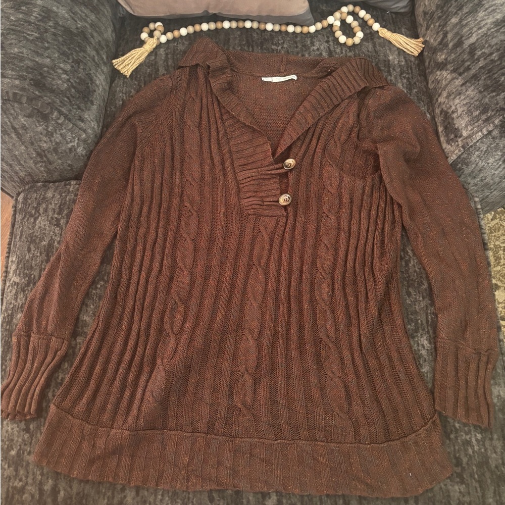 Brown Cable Knit Hooded Sweater